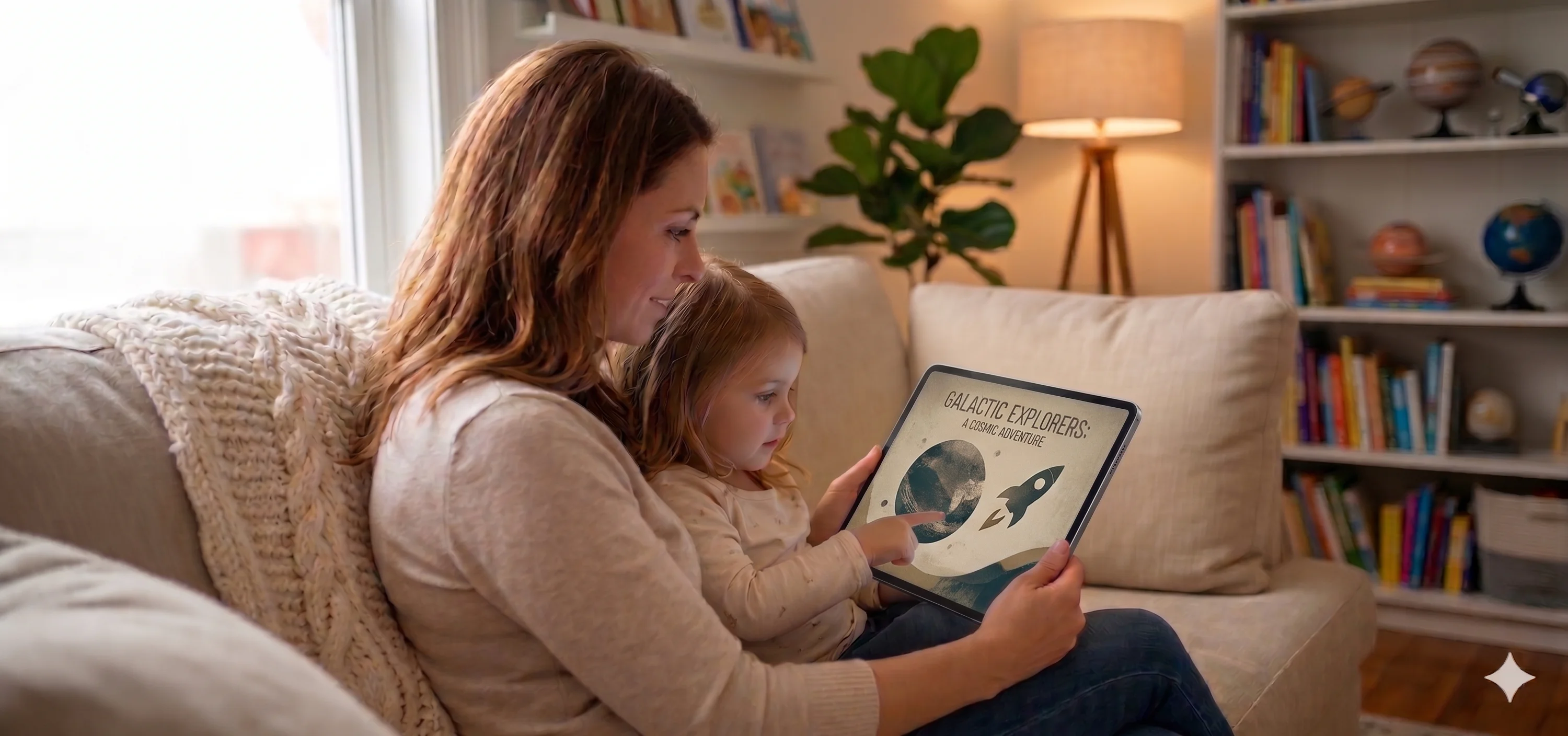 Parent and child reading a storybook on a tablet together